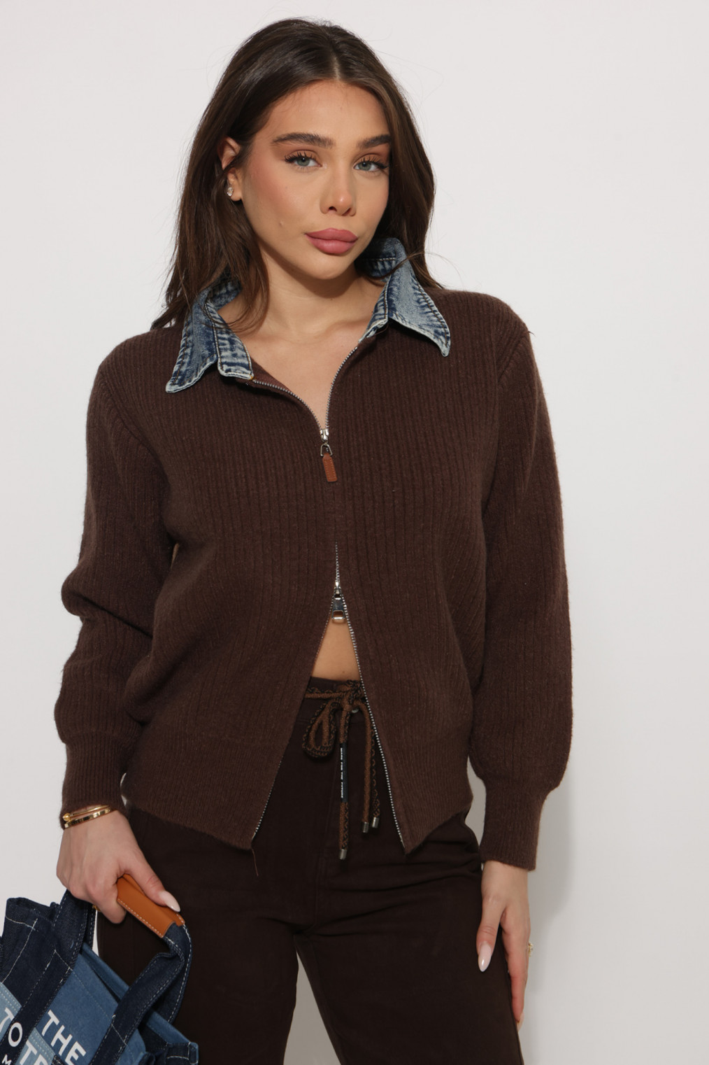 קרדיגן צוארון ג`ינס רוכסן