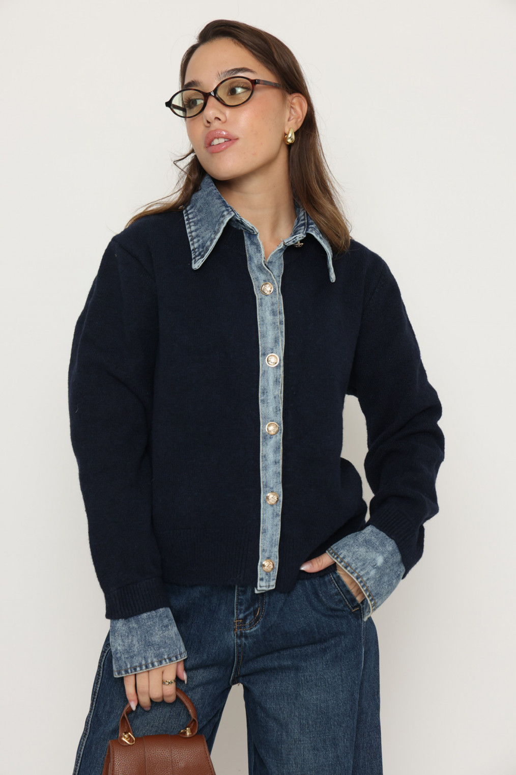 קרדיגן סריג משולב ג`ינס כפתורים