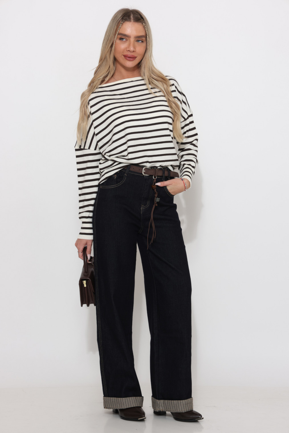 ג`ינס קיפול מכפלת משולב פסים