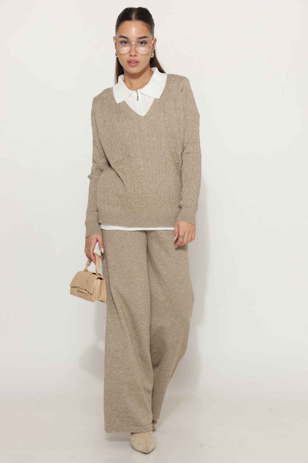 חליפה סריג צמות משולבת צוארון