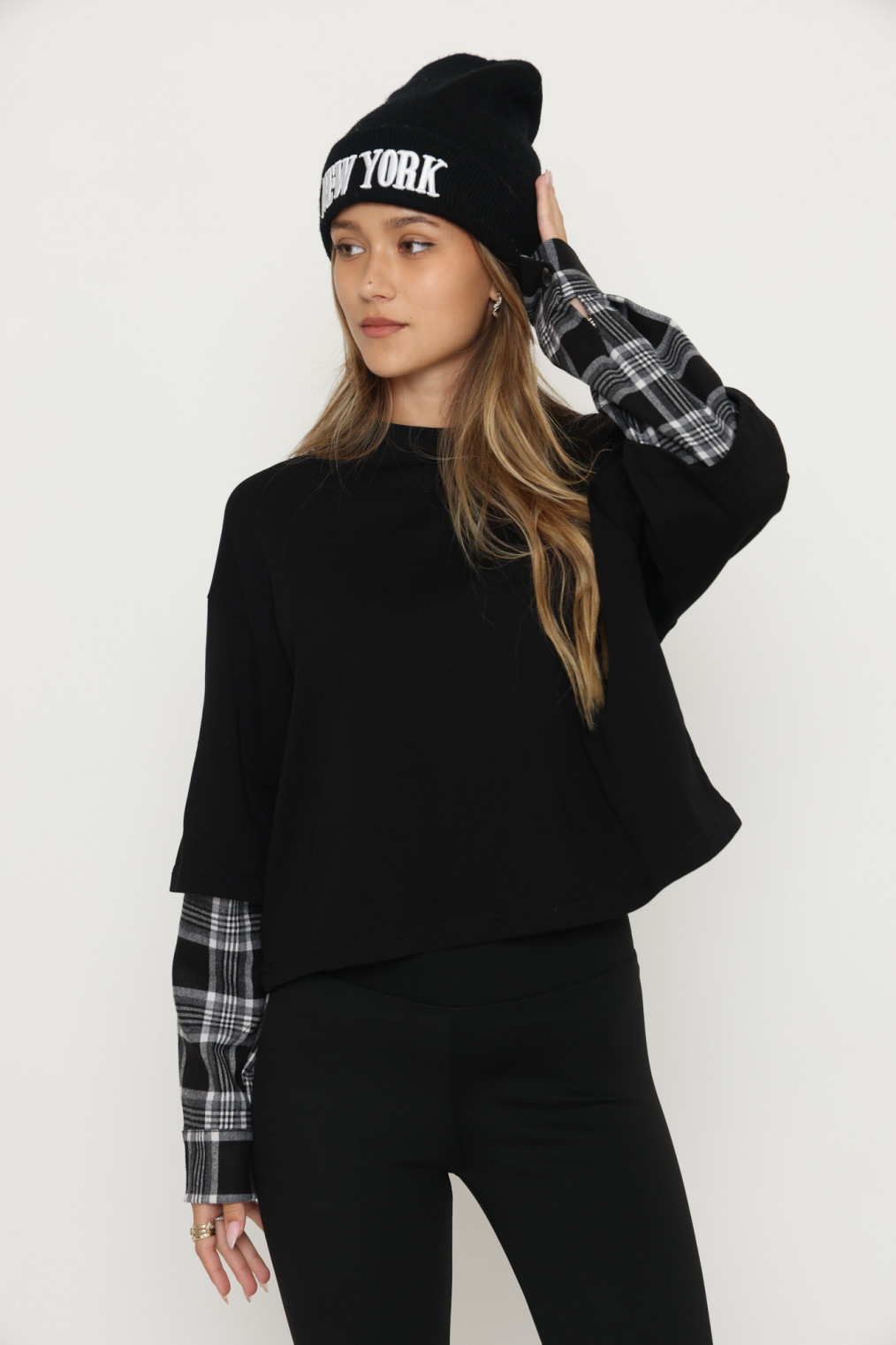 חולצה ניקי שילוב שרוול משבצות רוגבי