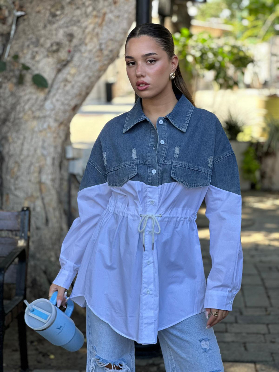 חולצה שילוב ג`ינס שרוך במותן