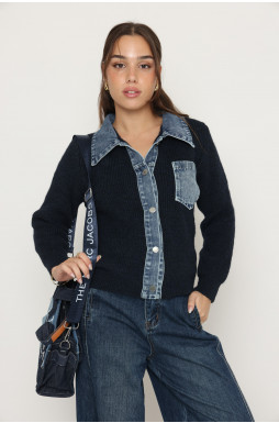 סריג קרדיגן כיס משולב ג`ינס 