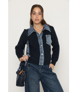 סריג קרדיגן כיס משולב ג`ינס 