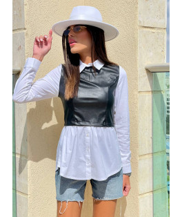 חולצה פרקל מכופתרת שילוב מחוך עור